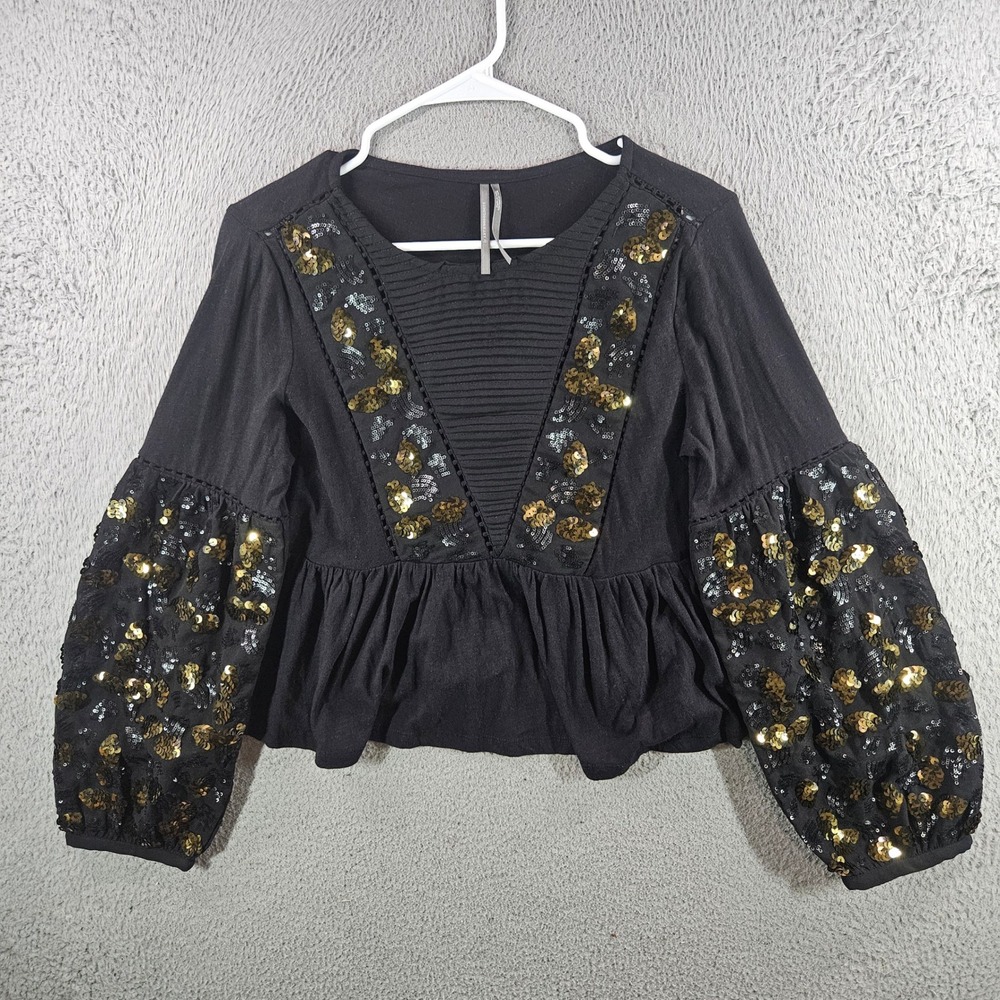Anthropologie Black Sequin Balloon Sleeve Peplum Top Pleated V-Neck Blouse Small